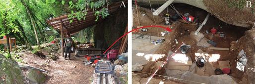 Fig. 2: Grotta del Rio Secco: (A) vista del sito; (B) la cavità in corso di scavo. (Foto: Aurélie Léone). confezionati da impiegare nella Grotta del Rio Secco (Peresani, 2011).