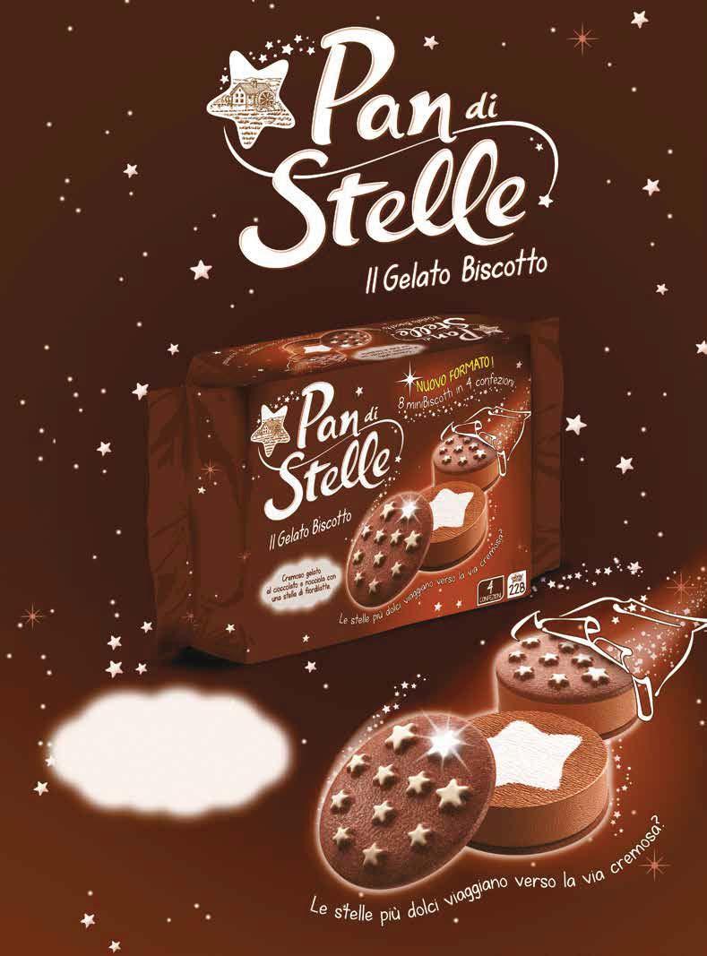 fiordilatte racchiuso tra due biscotti Pan di Stelle con undici stelle di glassa.