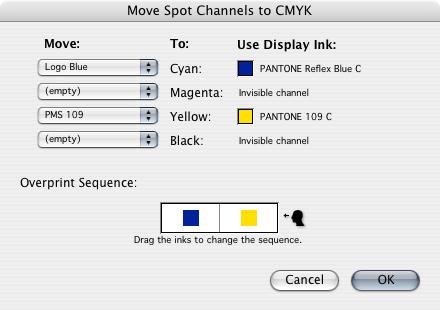 7 Sposta in: La finestra mostra una tabella in cui è possibile specificare i canali a tinte piatte che devono essere spostati nei canali CMYK.