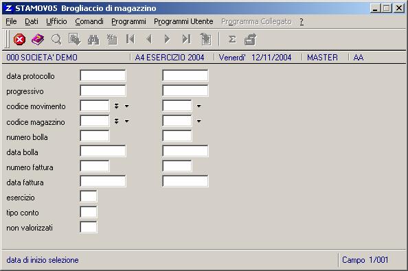 Attraverso i programmi del menù Verifiche movimenti è possibile stampare i movimenti presenti in archivio ed ottenere l inventario a quantità o valore: STAMPA BROGLIACCIO (STAMOV05) Il programma