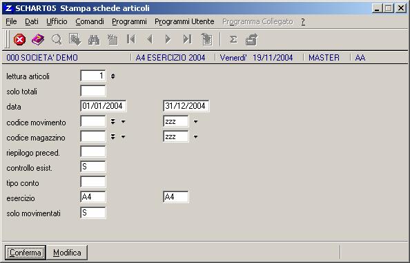 Dopo la selezione sugli articoli (LIMART) vengono richiesti i seguenti parametri: lettura articoli: solo totali: data: codice movimento: codice magazzino: criterio di ordinamento secondo il quale