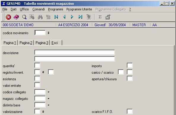 codice movimento: descrizione: quantità: importo: registro/invent.: carico/scarico: esistenza: apertura/chiusura: valori entrate: codice identificativo della causale del movimento di magazzino.