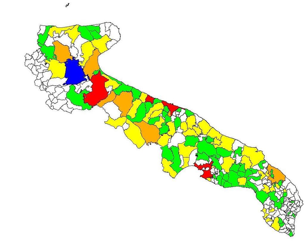 Completano la distribuzione degli incidenti 6 comuni con 4-5 sinistri mortali (tra cui Lecce, Andria ed Altamura), 42 comuni con 2-3 sinistri mortali e 59 comuni con un solo incidente mortale (Figura