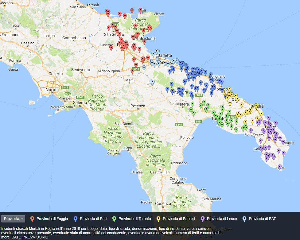 Figura 32 Mappa degli incidenti mortali, Puglia, Anno 2016* Al seguente indirizzo è presente