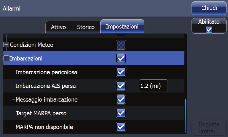 ID allarme Imbarcazione pericolosa Target MARPA perso MARPA non disponibile Descrizione Specifica se deve essere attivato un allarme quando un'imbarcazione entra nella zona CPA o TCPA predefinita.