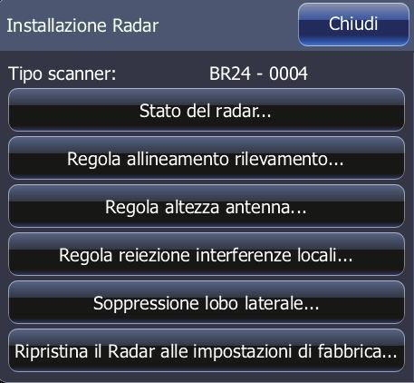 Stato del radar Visualizza le informazioni sullo scanner, la disponibilità e lo stato delle funzioni dello scanner, nonché lo stato delle periferiche radar.