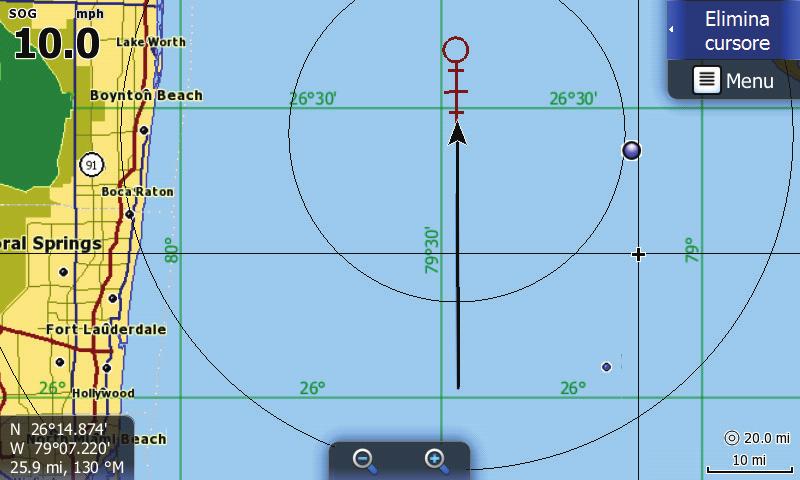 4 Cartografia La pagina Cartografia visualizza la posizione dell'imbarcazione rispetto alla terraferma e ad altri oggetti cartografici.