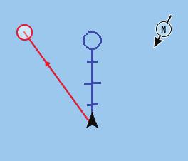 Le icone di misurazione vengono visualizzate con una linea che parte dal centro dell'imbarcazione fino alla posizione del cursore, mentre la distanza viene riportata nel riquadro delle informazioni.