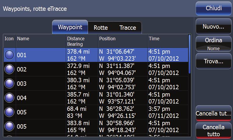 Un waypoint posizionato su un'immagine dell'ecoscandaglio presenta, oltre alle informazioni sulla posizione, un valore di profondità.