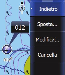 Spostamento di un waypoint toccando lo schermo 1. Toccare il waypoint. -- Il nome del waypoint viene visualizzato nel menu della pagina. 2. Toccare il nome del waypoint. 3. Toccare Sposta nel menu.