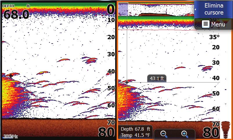 7Profondità Dati sovrapposti * Sonar La funzione del sonar offre una vista sottomarina dell'area sottostante e circostante dell'imbarcazione, consentendo di rilevare la presenza di pesci ed esaminare