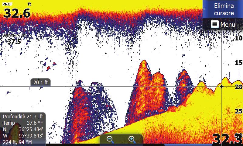 Visualizzazione delle registrazioni del sonar È possibile visualizzare le registrazioni del sonar attivando il cursore e trascinando orizzontalmente il dito sullo schermo.