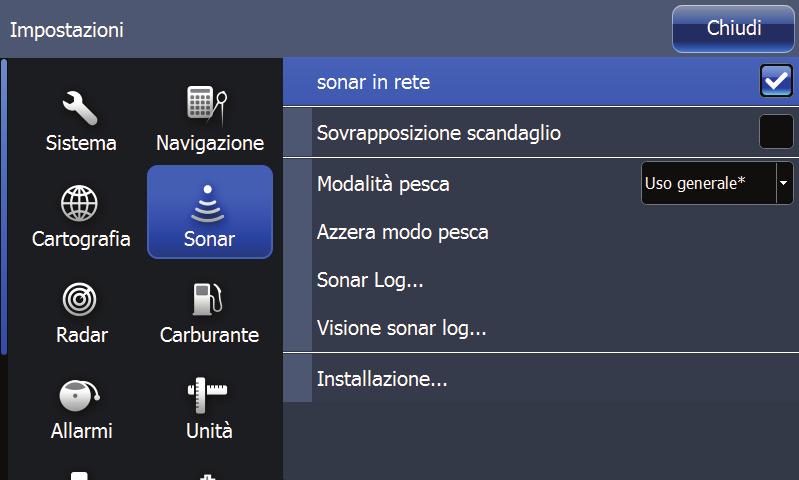 Ferma sonar Consente di esaminare dettagliatamente gli echi del sonar, di posizionare con precisione un waypoint o di arrestare le interferenze tra i trasduttori sull'imbarcazione.