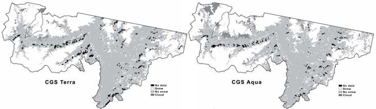 Figure 2 - Confronto delle mappe della neve per il prodotto CGS derivato per Terra ed Aqua, la loro combinazione e il prodotto derivato da LANDSAT per la data del 28 febbraio 2003.