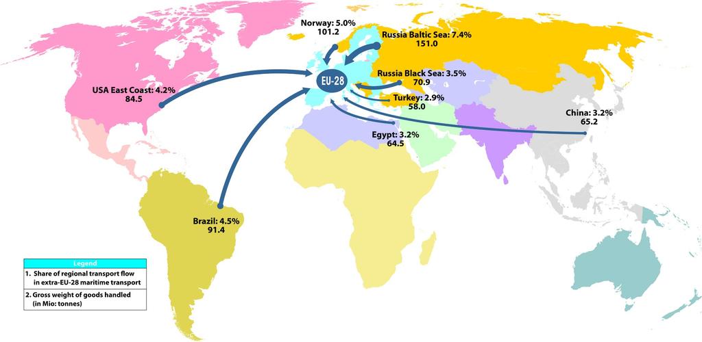 Lo scenario internazionale del trasporto marittimo La centralità del Mediterraneo nelle rotte mondiali rappresenta un opportunità sia per le merci con origine o destinazione in EU sia per i transiti