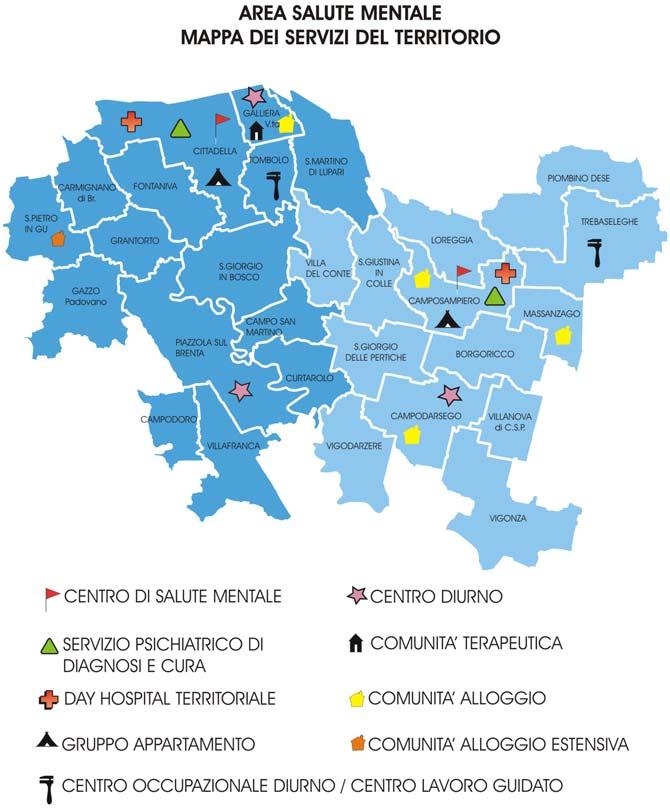 Dati Attività 2013 SERVIZI ALLE PERSONE 1) Centro Salute Mentale Il centro di salute mentale, presente presso i presidi ospedalieri di Camposampiero e Cittadella, è il punto di riferimento per i