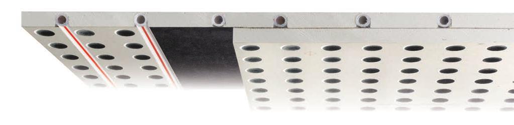 Il sistema soffitto acustico è composto da due pannelli accoppiati in cartongesso forato e feltro acustico da 2,5 mm per un totale di 25 mm.