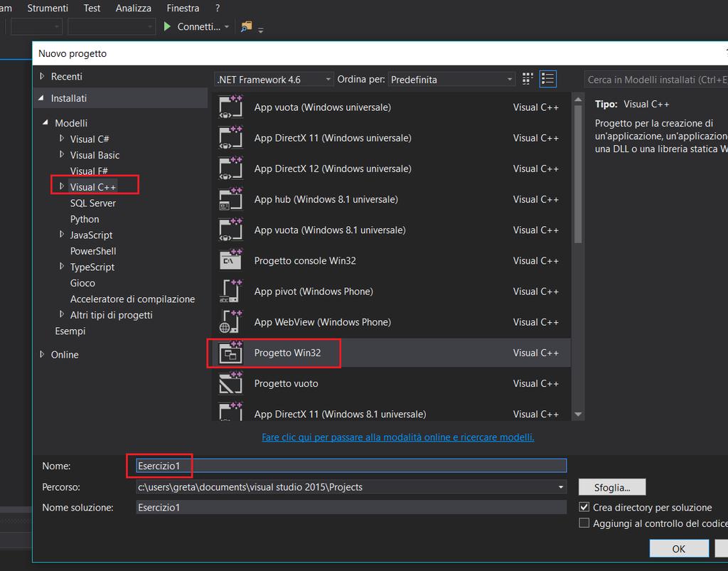 Progetto Win32 Console Application