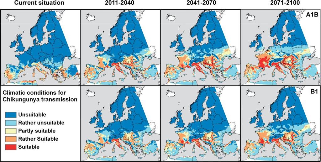 Climatic risk map for chikungunya transmission in Europe generated by combining temperature requirements of the chikungunya virus with the climatic suitability of the vector Ae. albopictus.