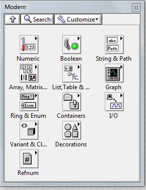 7 Controlli e indicatori Sul front panel del VI appena aperto accediamo alla control palette, premendo il pulsante destro del mouse in una zona qualsiasi dell area di lavoro.