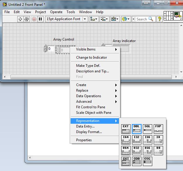 5 Inizializzazione di un Array Per dichiarare il tipo di dato degli elementi dell array pop-up sul Control e sull indicator creati, scegliamo la voce Representation e successivamente scegliamo, per