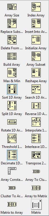 9 Operazioni su Array Il linguaggio G supporta molteplici funzioni per la manipolazione degli array (vedi figura) Per accedere alle funzioni per il trattamento degli array che il LabVIEW