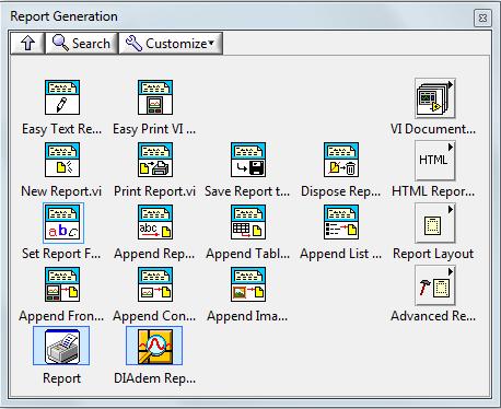 5 Report Generation LabVIEW dispone nativamente di una serie di blocchi dedicati al report generation, che si trovano nella control palette (relativa ai block diagram) all interno del percorso Report