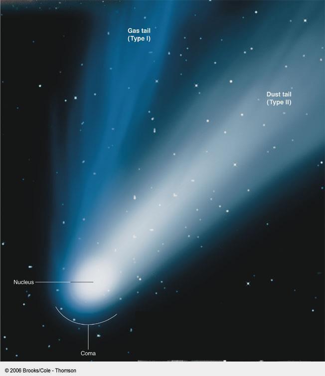 Due tipi di code cometarie Coda di gas ionizzato spinta dal Vento Solare nella direzione opposta al Sole