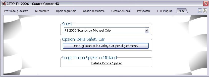 Misc. Suoni CTDP F1 2006 viene fornito con 3 diversi set di suoni, in modo da poter scegliere quello che preferisci.