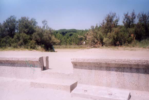 Centro abitato di Eraclea Mare. Alle spalle del muro paraonde vi è una spiaggia pensile che termina a ridosso di una fascia a pineta.