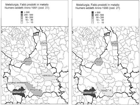 metalliferi con relativo numero di addetti totali secondo il censimento 1991 e 1996