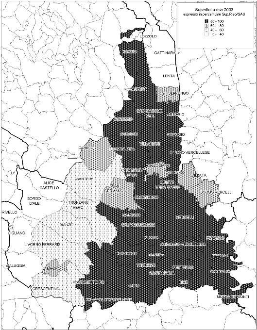 comune di Albano Vercellese, dove dal censimento del 2000 si evidenzia una diminuzione della percentuale di Superficie Agricola Utilizzata rispetto ai due censimenti precedenti.