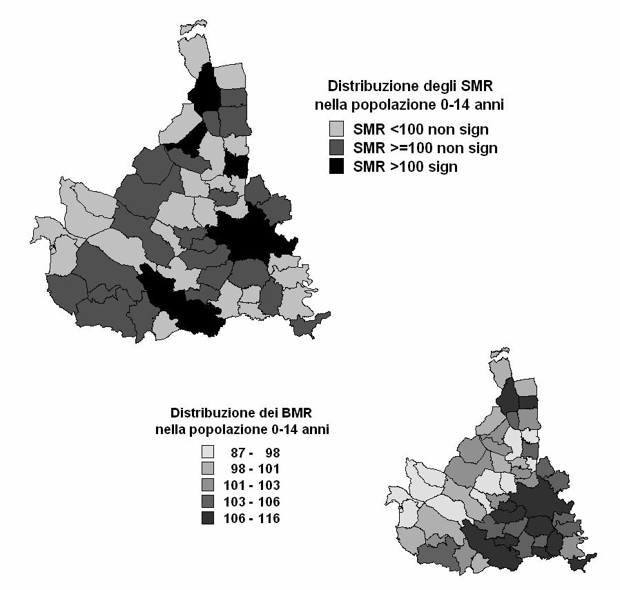 I ricoveri per tutte le diagnosi risultano in eccesso significativo in base all SMR confermato dal BMR nei comuni di Rovasenda, Trino e Vercelli, come mostrato in Figura 5.