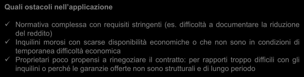 Interventi sulla morosità incolpevole Quali ostacoli nell applicazione Normativa complessa con requisiti stringenti (es.