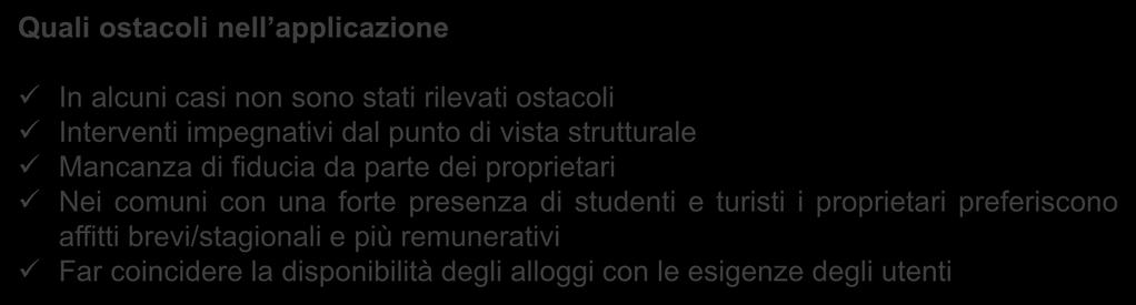 Reperimento alloggi (anche contributo alloggi sfitti) Quali ostacoli nell applicazione In alcuni casi non sono stati rilevati ostacoli Interventi impegnativi dal punto