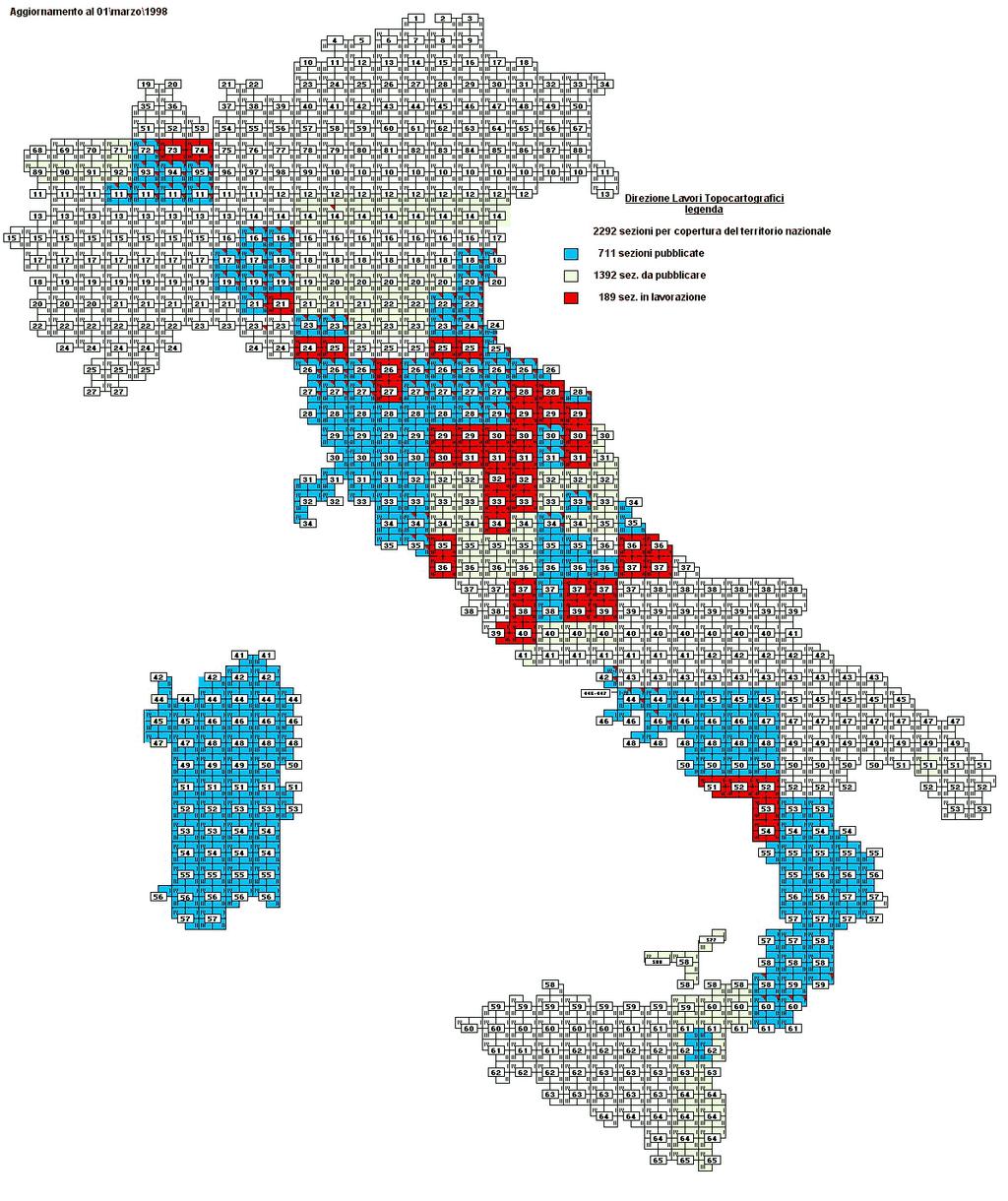 Fig 1.4- Stato della produzione nuova cartografia 1:25.000 (fonte sito web IGM). La nuova cartografia nazionale, invece, divide il territorio nazionale in 636 Fogli alla scala 1:50.