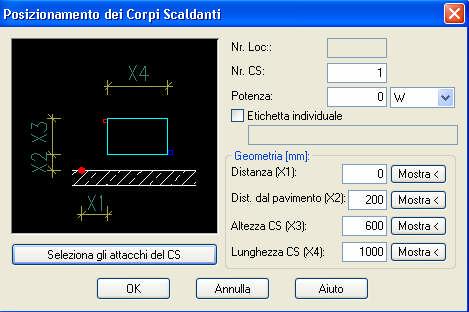 23 b) Posizionamento etichette dei locali c) Posizionamento dei radiatori Per poter associare correttamente i radiatori, occorre prima definire i vincoli dimensionali: o Altezza (Larghezza vista in