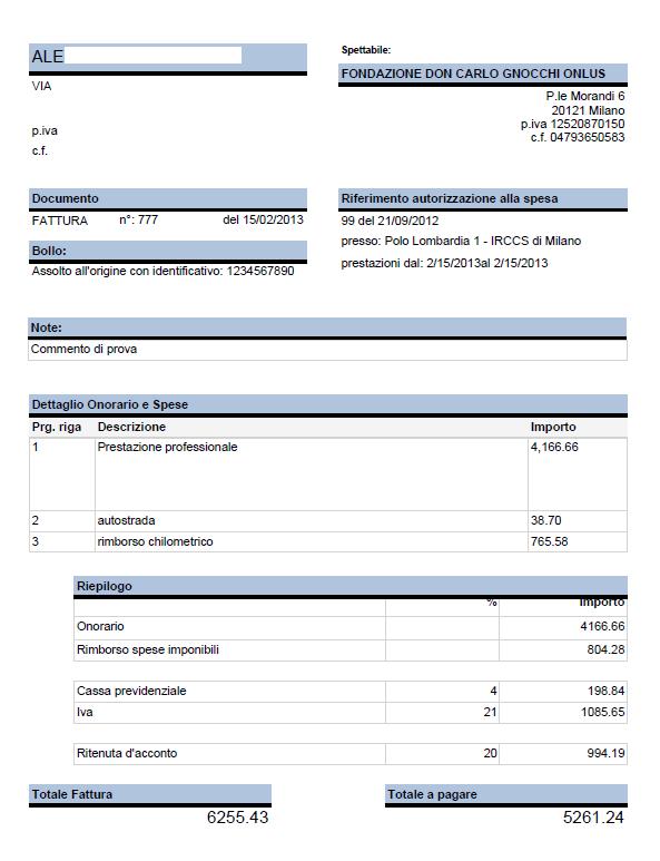 Esempio di stampa fattura inviata a