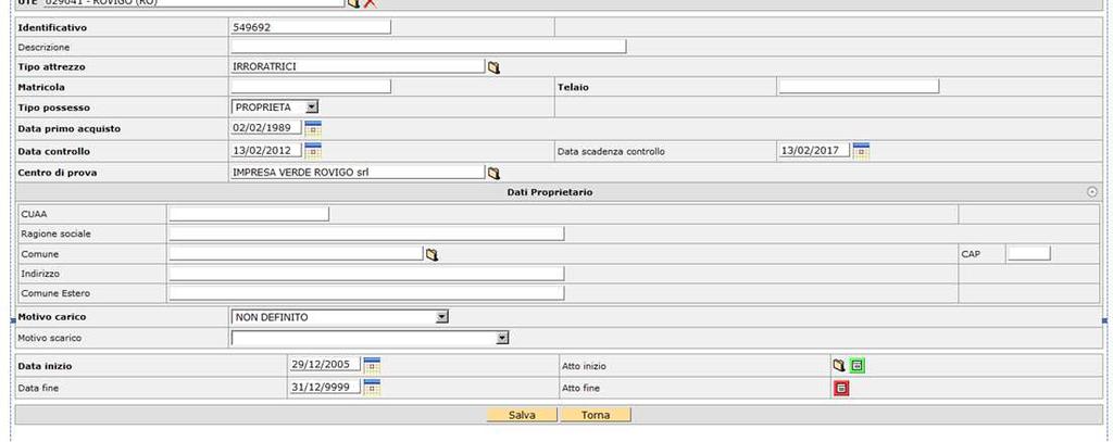 inserire i dati identificativi dell irroratrice, data controllo e data scadenza.