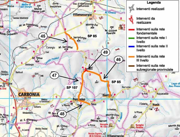 Localizzazione Interventi 45 SP 85 da SP 2 a Terraseo (primo tratto) 46 SP 85 Tratto da Terraseo a Narcao Finalità e Lunghezza Categoria Funzionale (km) Ampliamento, inserimento banchine, riduzione