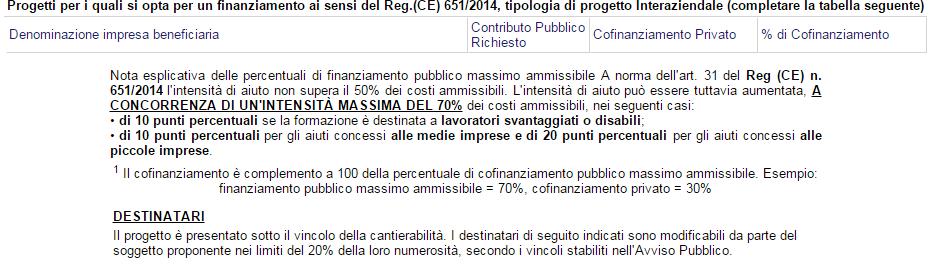 per non perdere i dati inseriti e poi su Genera Tabella Re... per generare la tabella per inserire il Contributo Pubblico Richiesto e il Cofinanziamento Privato per ogni impresa.