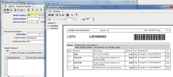 Generazione liste di prelievo La generazione delle liste di prelievo avviene da un apposita elaborazione che analizza gli impegni da clienti inevasi, selezionabili in base a uno o più dei vari