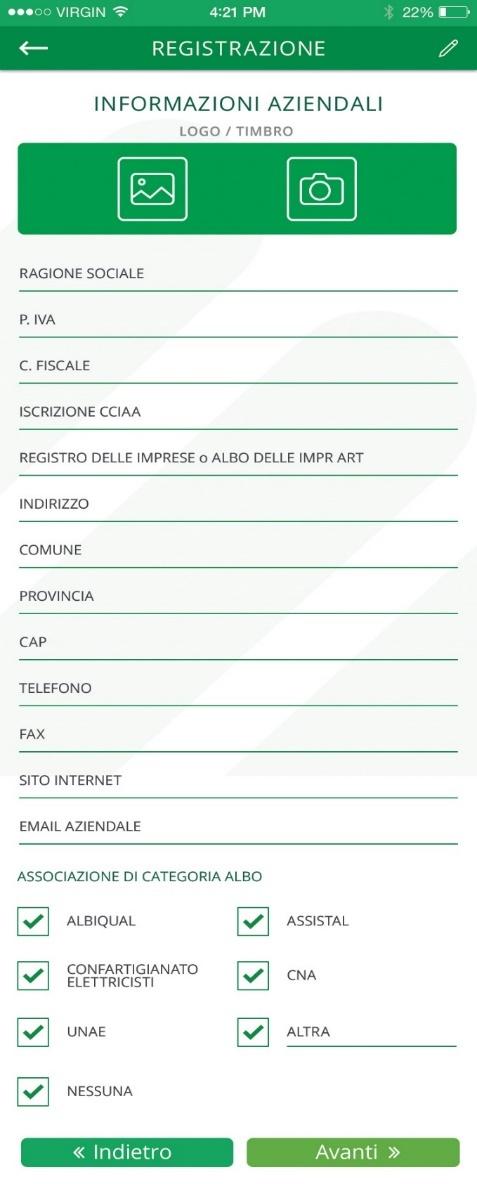 Procedura Registrazione _ Impresa non registrata _ Amministratore L Amministratore potrà effettuare la registrazione dell Azienda Logo, anagrafica aziendale, selezione associazioni e firma.