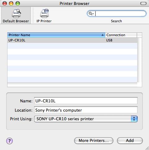 Per avviare la Printer Setup Utility, aprire [Applications] - [Utilities] - [Printer Setup Utility]. 2 Fare clic sul pulsante [Add]. Apparirà la finestra Printer Browser (Browser stampanti).