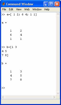 La memorizzazione di una matrice in una variabile è semplice. Non occorre dichiarare la variabile e le sue dimensioni. Sintassi nome_var = [1 riga; 2 riga;.