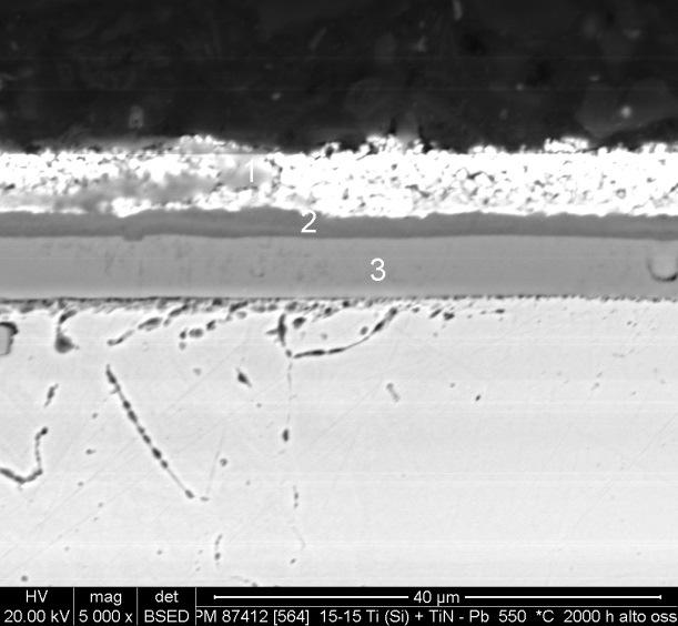 1 si riferisce al secondo campione 15-15Ti(Si) ricoperto (PM87412) e in maniera del tutto analoga mostra gli strati del campione che sono stati sottoposti ad analisi composizionale e i risultati