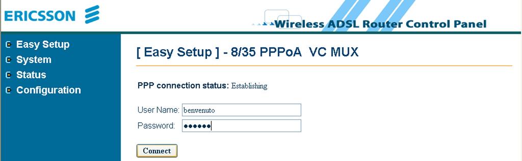 User Name e Password personalizzate, definite durante la Procedura di registrazione dell abbonamento ADSL di Wind descritta precedentemente (nel caso di accesso con indirizzo IP statico tali valori