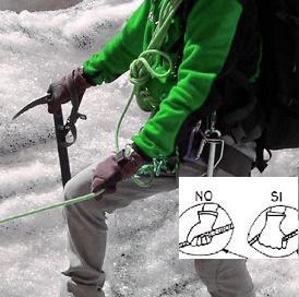 Impugnatura della corda Nella progressione su ghiacciaio senza sci la corda viene tenuta a mano rovesciata (palmo rivolto verso il basso e pollice verso se stessi).