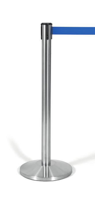 Brushed steel stand with 3 meters retractable blue ribbon. On request with red or black ribbon. Weight: 10 kg.