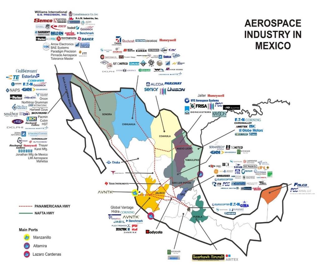 Focus Messico: distretto del Querétaro Il settore aerospaziale messicano è composto da aziende impegnate nella produzione, manutenzione, riparazione, adattamento, ingegneria, progettazione e servizi